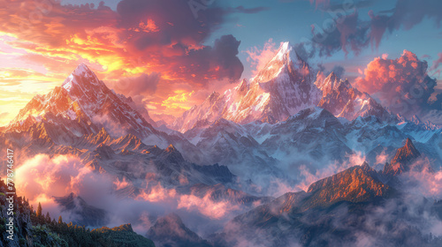 This photorealistic image depicts the majestic Mount Everest, capturing its awe-inspiring beauty under a vibrant sunset sky. Created with Ai #778746417