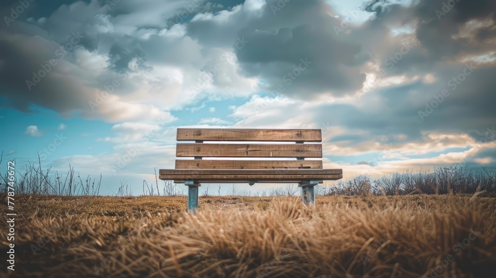 Wooden bench in a field with grass and blue sky with clouds