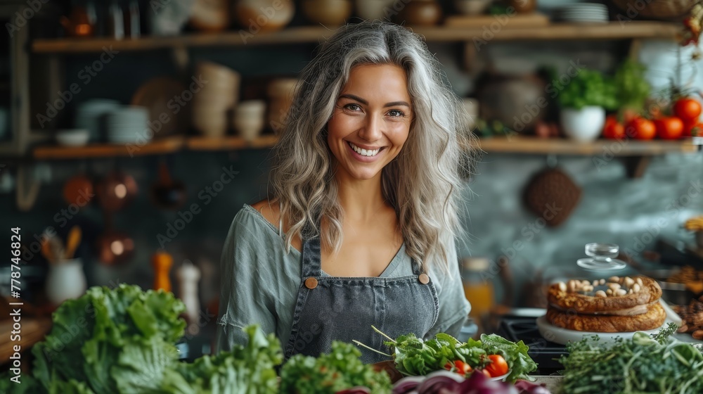 a smiling woman standing in front of a counter full of fresh fruits and veggies in a grocery store.