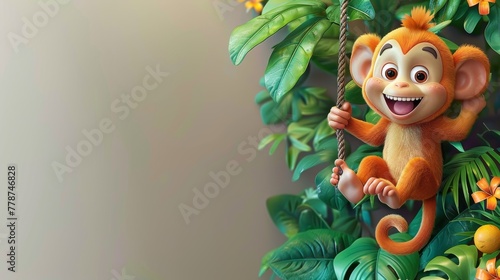A cheeky monkey swinging from an invisible vine, making a funny face, photo