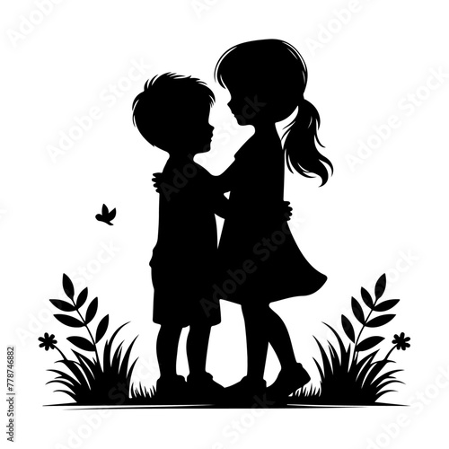 minimalist Happy siblings Children with backpacks going to the school vector black color silhouette 47