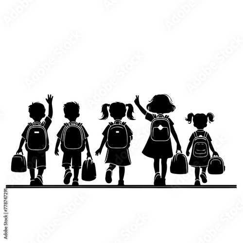 minimalist Happy siblings Children with backpacks going to the school vector black color silhouette