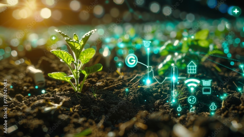 A background of soil with small icons representing people, houses and light manipulation in the air around them on top. In front there is an illustration showing digital innovation in farming A background of soil with small icons representing people, houses and light manipulation in the air around them on top. In front there is an illustration showing digital innovation in farming