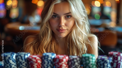 a beautiful blond woman sitting in front of a stack of poker chips in a casino with blurry lights in the background.