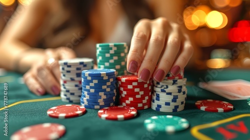 a close up of a person playing a game of poker on a table with poker chips on the table and lights in the background.