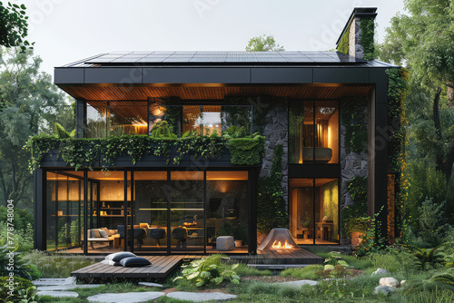 A modern, two-story house with an exterior of light wood and glass, nestled in the Swiss Alps. Created with Ai