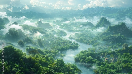 Aerial photo of meandering river in dense forest. Natural beauty.