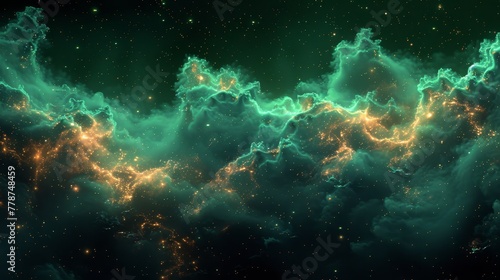  star cluster in night sky, with green and yellow clouds in foreground