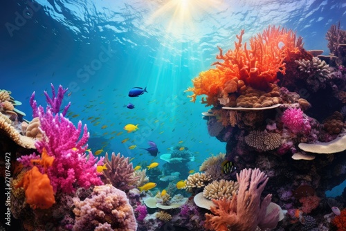 A vibrant coral reef with diverse marine life, AI generated image