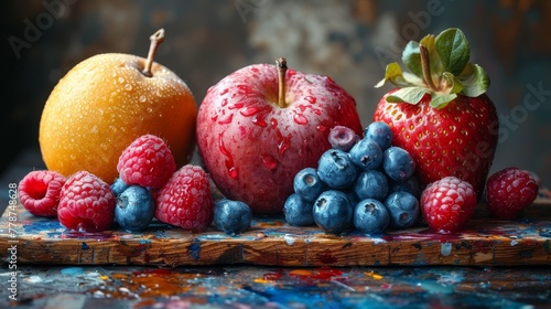 an apple, orange, raspberries, and blueberries on a wooden board with drops of water on them. © Mikus