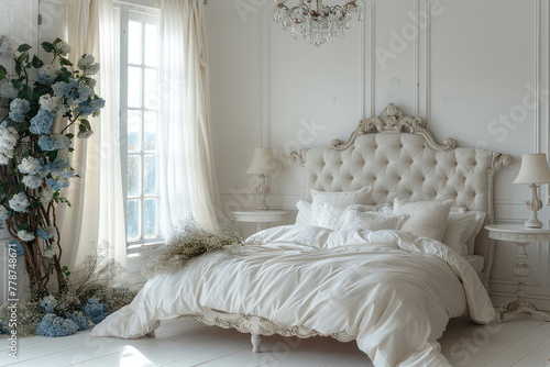 Beautiful bedroom, white bed with satin and velvet headboard, elegant wall decor, white flowers on the floor. Created with Ai