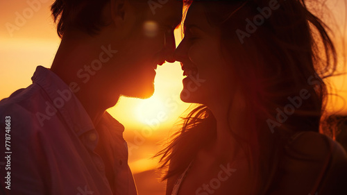 happy couple in love at sunset