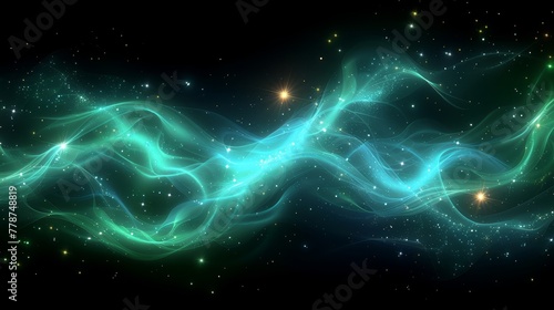  A stunning image of waves in shades of blue and green set against a black background, accented by starry skies above