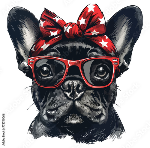 French Bulldog dog with a red glasses and red headband