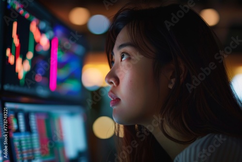 Female asian using computer to trade stocks, view from behind dark room photo