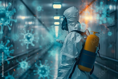 Hazmat Worker Spraying for Disease Outbreak Control and Infectious Disease Surveillance in Hospital Corridor