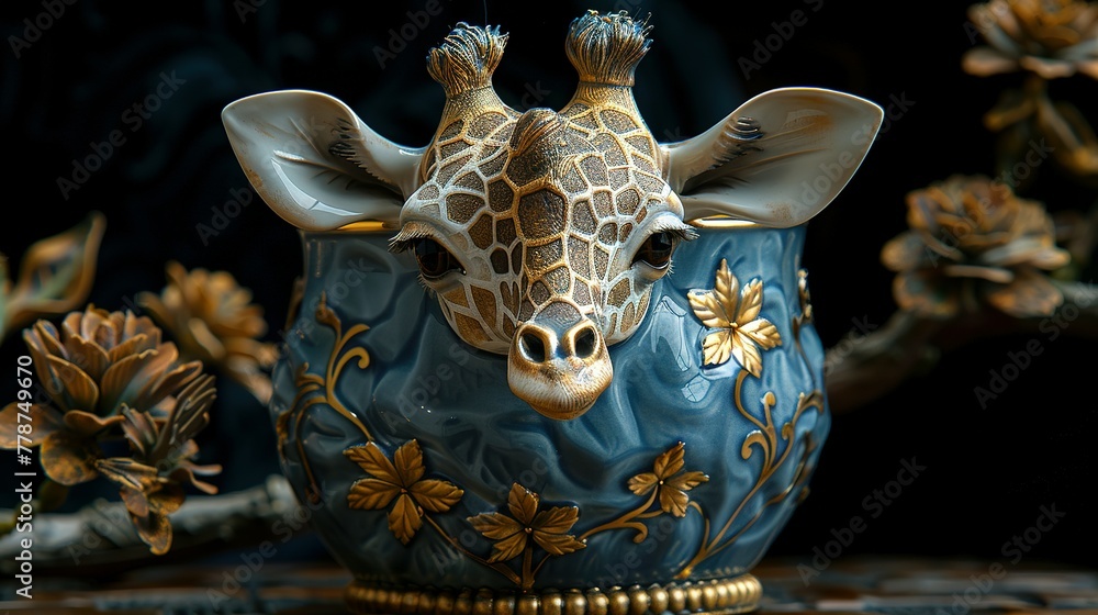 Porcelain vase in the form of a giraffe, side light, day, chiaroscuro, gold border Porcelain vase in the form of a giraffe, side light, day, chiaroscuro, gold border