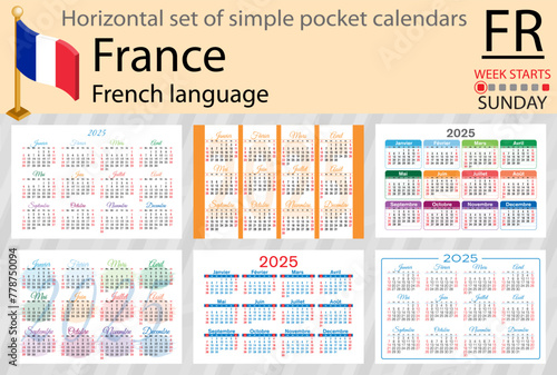 French horizontal set of pocket calendar for 2025. Week starts Sunday