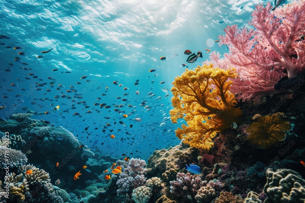 Obraz premium A vibrant underwater scene capturing the Great Barrier Reef in Australia , AI generated