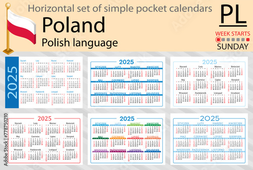 Polish horizontal set of pocket calendar for 2025. Week starts Sunday