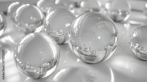  A collection of translucent spheres resting atop a white surface, positioned in a room's center