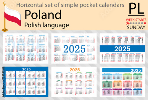 Polish horizontal set of pocket calendar for 2025. Week starts Sunday