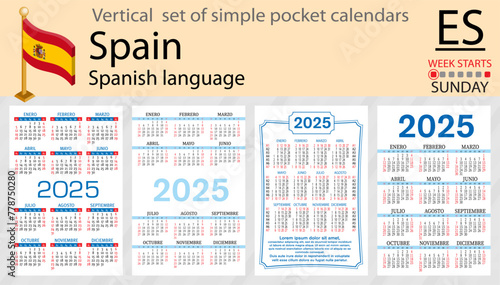 Spanish vertical set of pocket calendar for 2025. Week starts Sunday