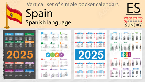 Spanish vertical set of pocket calendar for 2025. Week starts Sunday