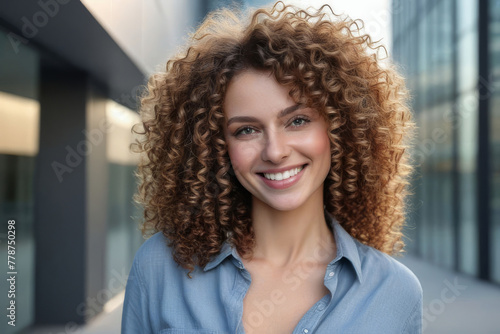 portrait of a smiling business woman with curly hair 