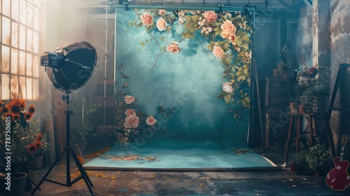 A studio with a blue backdrop and a floral design