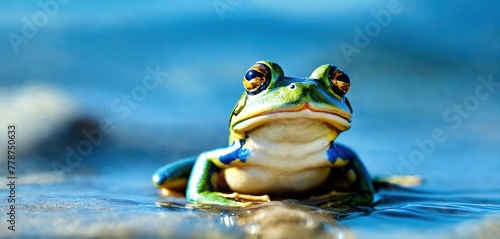 Green frog on the sea beach. Generative AI photo