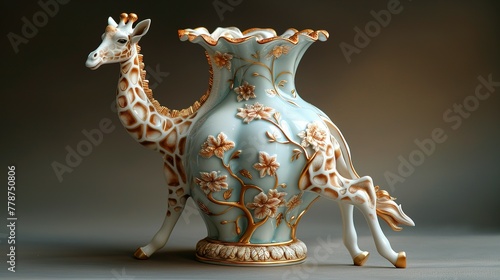 Porcelain vase in the form of a giraffe, side light, day, chiaroscuro, gold border