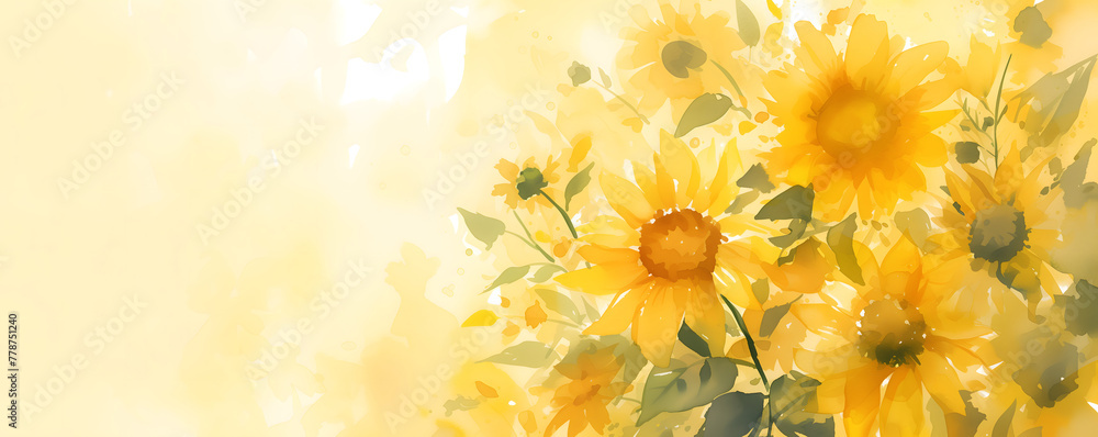 Beautiful yellow sunflowers dreamy watercolor style illustration over white backdrop. greeting card floral artistic template. Empty copy space for text