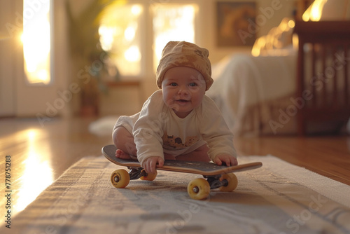 Baby wears pampers and skateboards photo