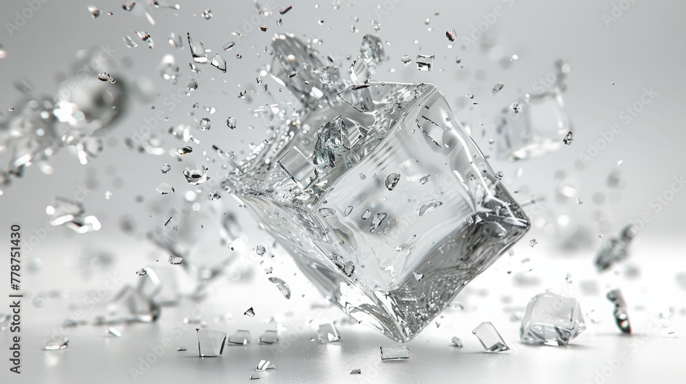 a shattered glass cube flying outwards on an undecorated white background a shattered glass cube flying outwards on an undecorated white background