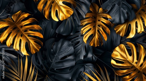 Tropical leaves gold and black, Dark Monstera, palm graphic design