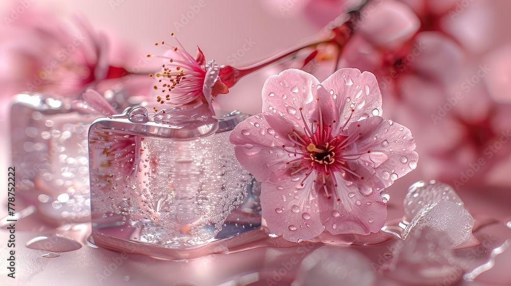 A pink flower rests atop a table beside a bottle of water adorned with droplets A pink flower rests atop a table beside a bottle of water adorned with droplets