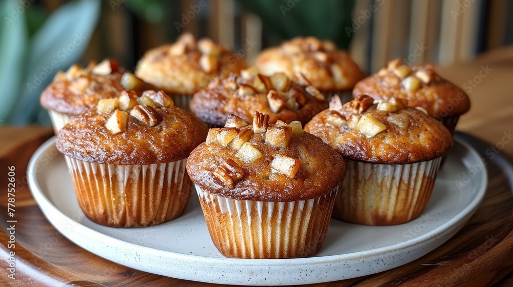 A plate with numerous muffins sits on a wooden table near a potted plant A plate with numerous muffins sits on a wooden table near a potted plant