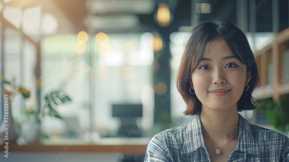 Portrait of a youthful woman confidently smiling, set against a background of bokeh lights in a cozy office Portrait of a youthful woman confidently smiling, set against a background of bokeh lights in a cozy office