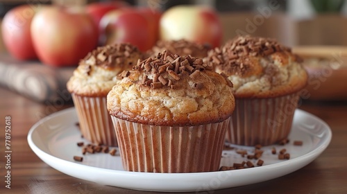  A macro shot of a muffin resting on a tabletop surrounded by apple slices and an adjacent fruit bowl