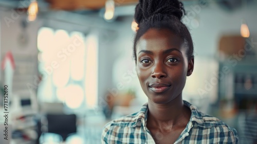 Confident black woman in casual attire posing in a workspace with a focused gaze