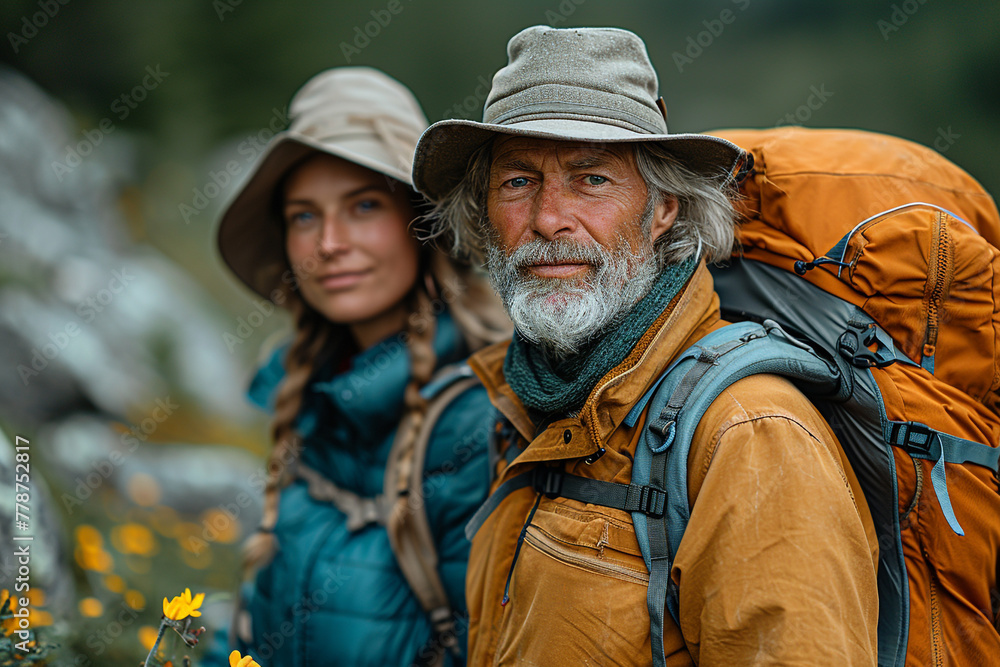 A hiking couple enjoying a mountain adventure together. A hiking couple enjoying a mountain adventure together.