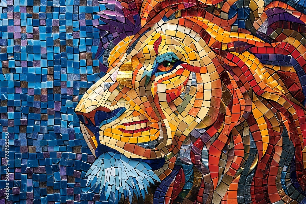 Majestic Lion Mosaic in vibrant colors and intricate patterns