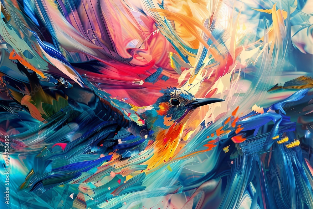bird in movement painting detailed Avian Symphony dynamic brushstrokes, vibrant colors, to create a visually composition that captures the fluidity and beauty of avian motion