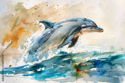 a Dreamy Dolphin Watercolor swimming gracefully through a sun-dappled sea, their playful antics and graceful forms evoking a sense of joy and freedom