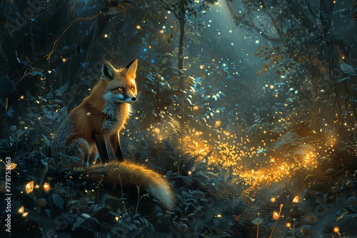 fox in fireflies forest fantasy illustration in a fantasy inspired landscape