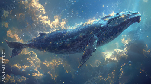 A huge, amazing whale hovers above the clouds. Fictional photo. © pengedarseni