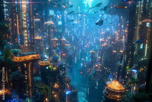 Futuristic Fish Metropolis with marine life in a vibrant underwater cityscape, featuring sleek skyscrapers and futuristic technology juxtaposed with colorful coral reefs and exotic sea creatures.