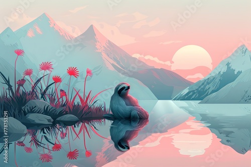 sloth relaxing in serene landscape illustration