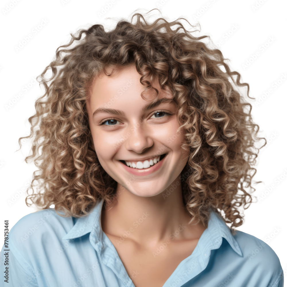 portrait of a smiling woman with curly hair in blue shirt isolated on transparent background portrait of a smiling woman with curly hair in blue shirt isolated on transparent background